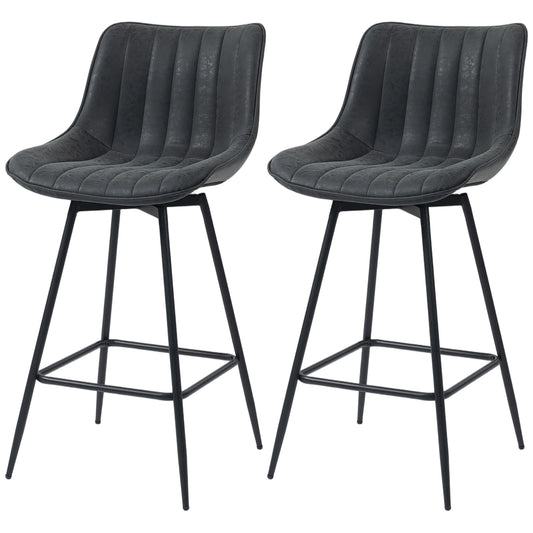 Set of 2 Counter Height Barstools, PU Leather Upholstered Bar Stools with Backrest, Footrest and Steel Legs, Black