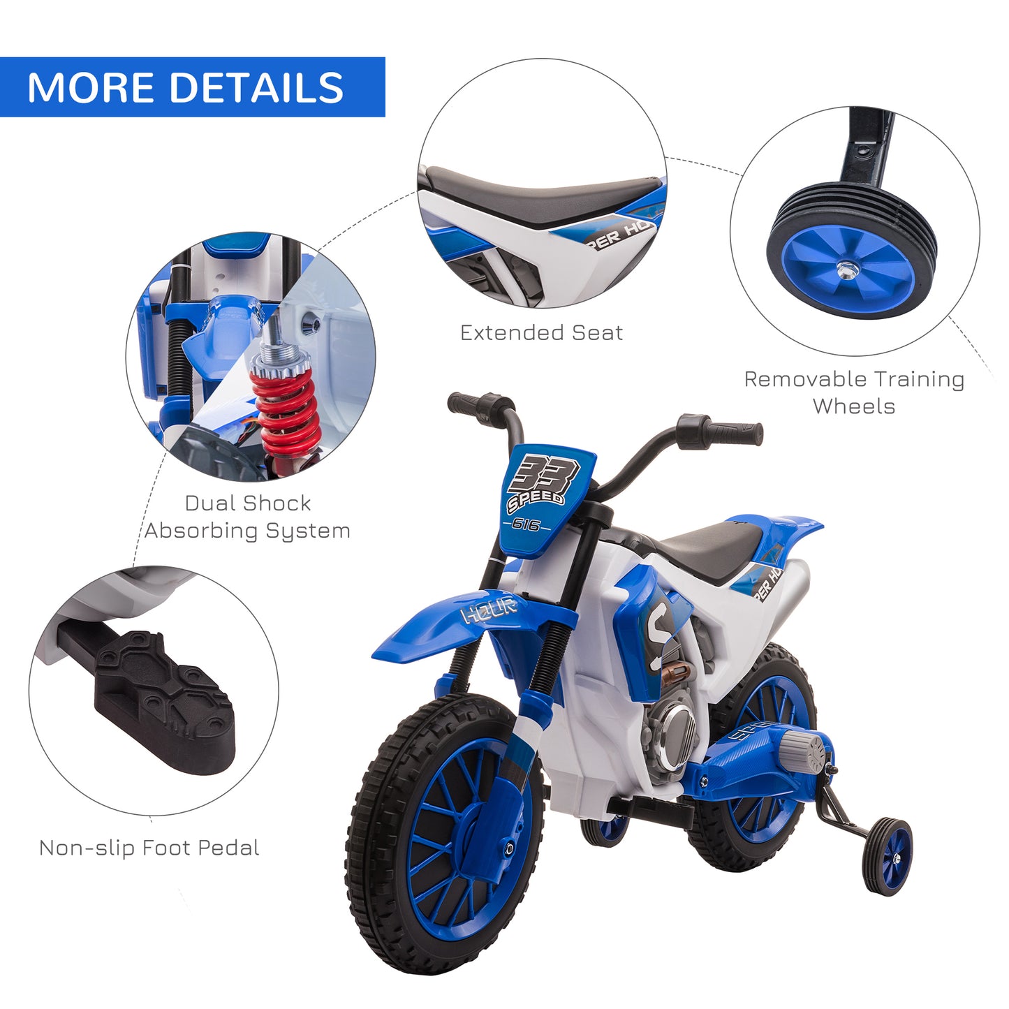 Aosom Kids Dirt Bike 12V Battery-Powered Ride-On Electric Motorcycle with Charging Battery, Training Wheels Blue
