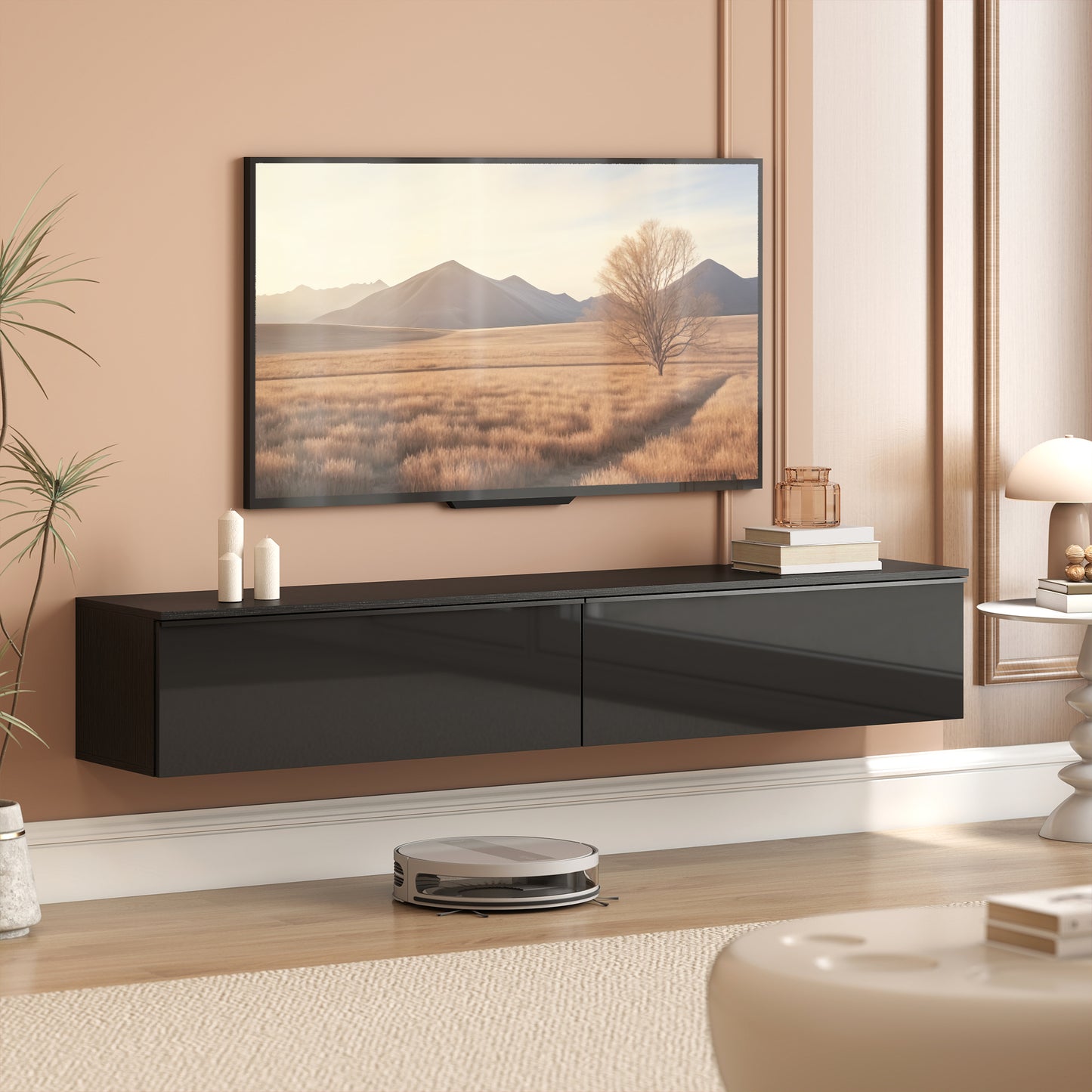 Wall Mounted TV Stand, Floating TV Cabinet with Storage, for TVs up to 70", High Gloss Effect, Black