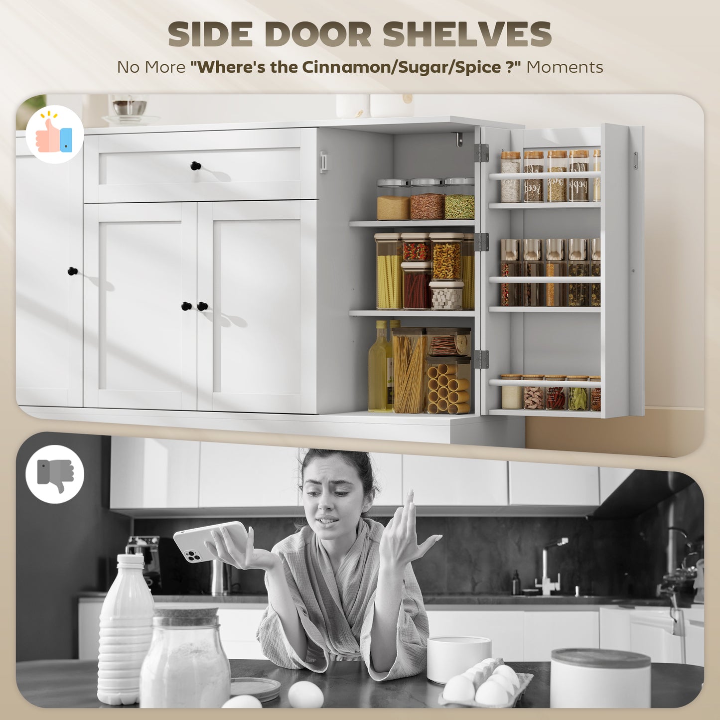 55" Modern Kitchen Storage Cabinet with Drawer, Adjustable Shelves, Small Kitchen Pantry with Door Racks, White