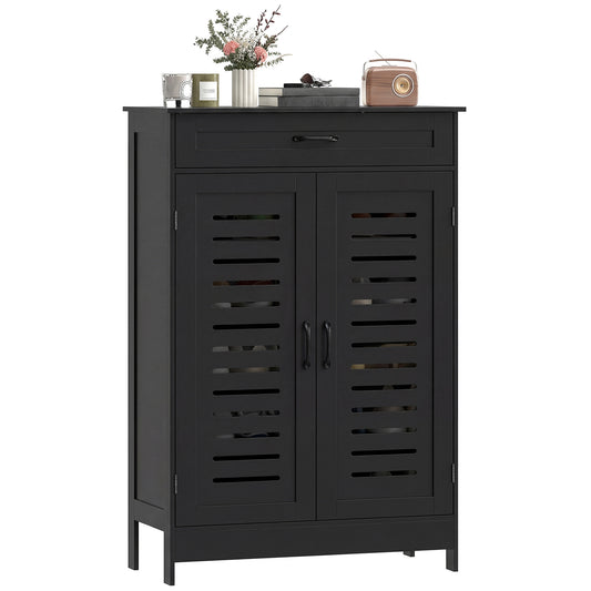 Shoe Cabinet with Louvered Doors, Modern Shoe Storage Cabinet with Drawer and Adjustable Shelves, Black