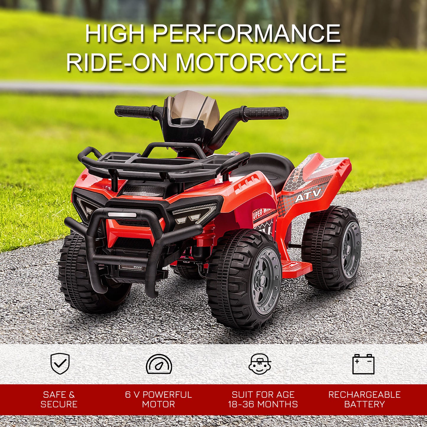 Aosom 6V Kids ATV Quad, 4 Wheeler Battery Powered Electric Ride on Car with Music, Forward, for Boys and Girls Ages 18-36 Months, Red