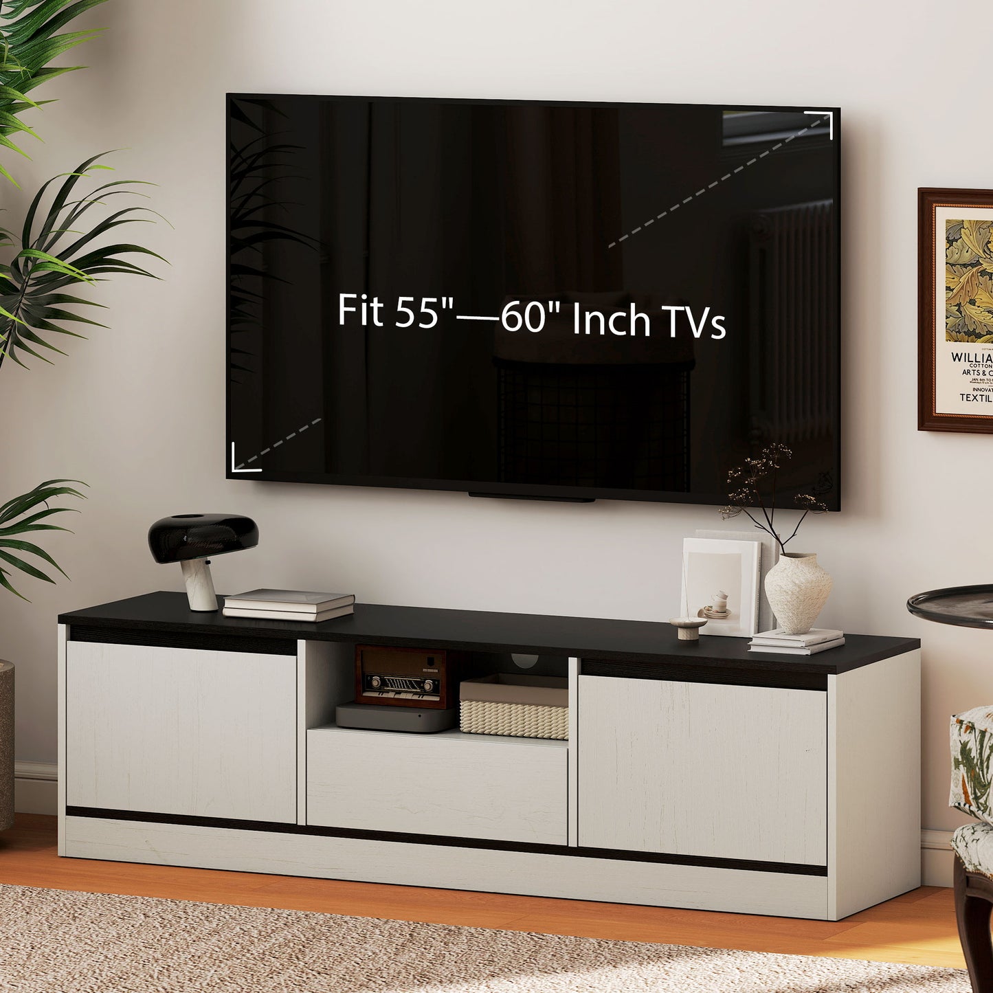 TV Stand for 55-60 Inch TV,  Entertainment Center w/ Cabinets, Shelf, Drawer and Cable Management for Living Room, White