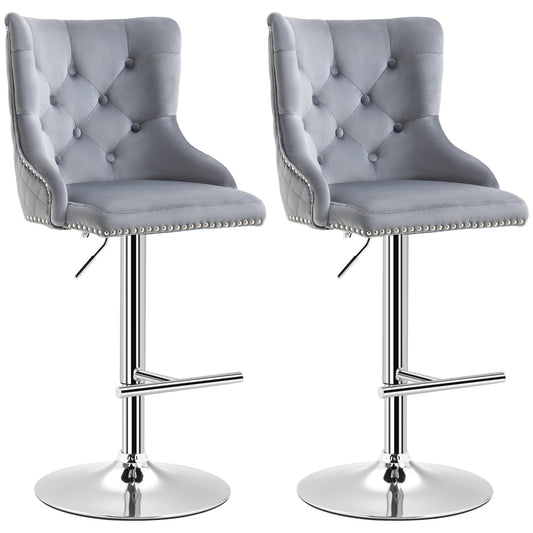 Modern Adjustable Bar Stools Set of 2, Swivel Velvet Barstools, Counter Height Bar Chairs with Button Tufted Back, Footrest, Nailhead Trim for Home Bar, Grey
