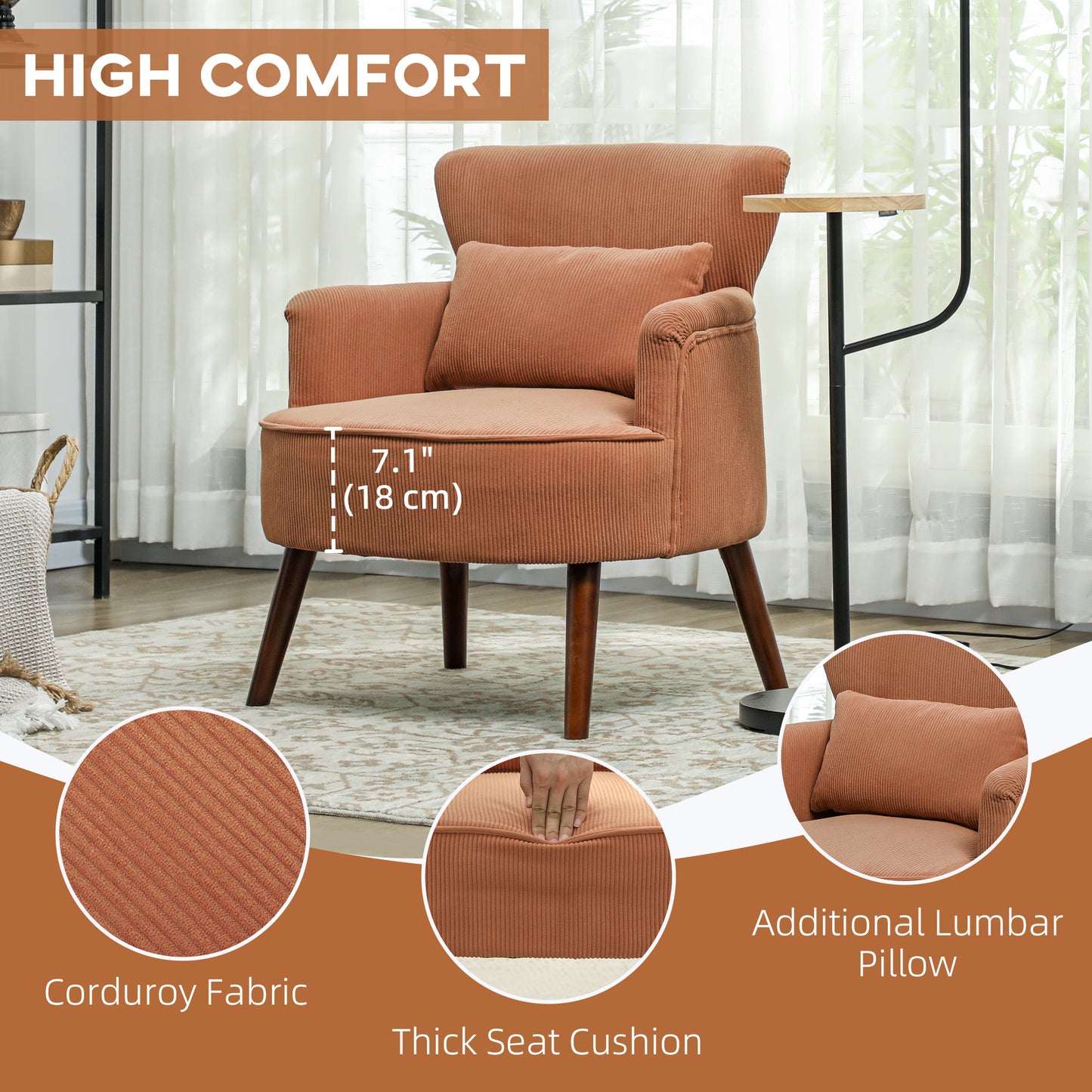 Modern Accent Chair, Upholstered Armchair with Solid Wood Legs and Lumbar Pillow for Living Room, Orange