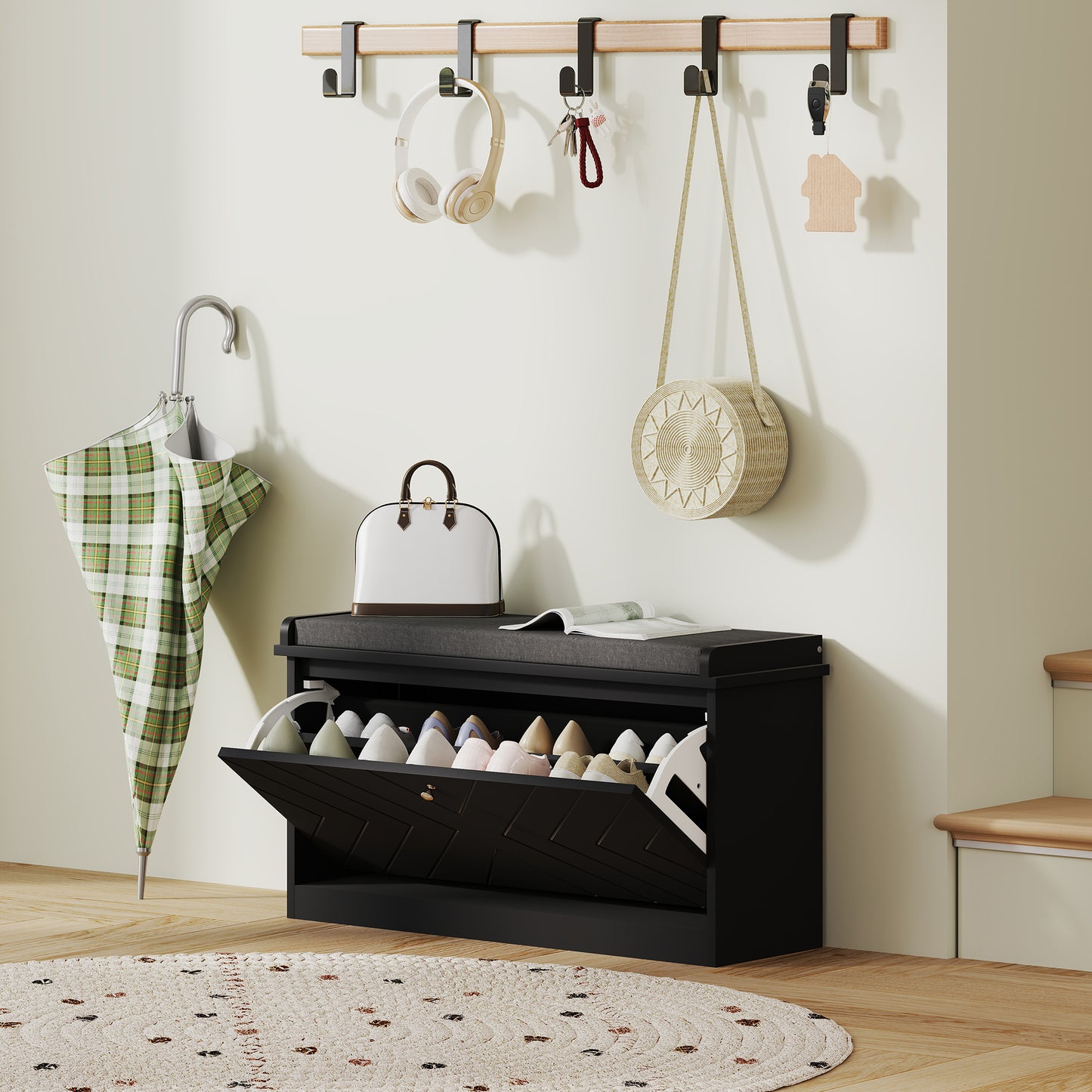 Shoe Storage with Seat, Upholstered Hallway Bench, Shoe Bench with Flip Drawer, Adjustable Shelf for 6-8 Pairs of Shoes