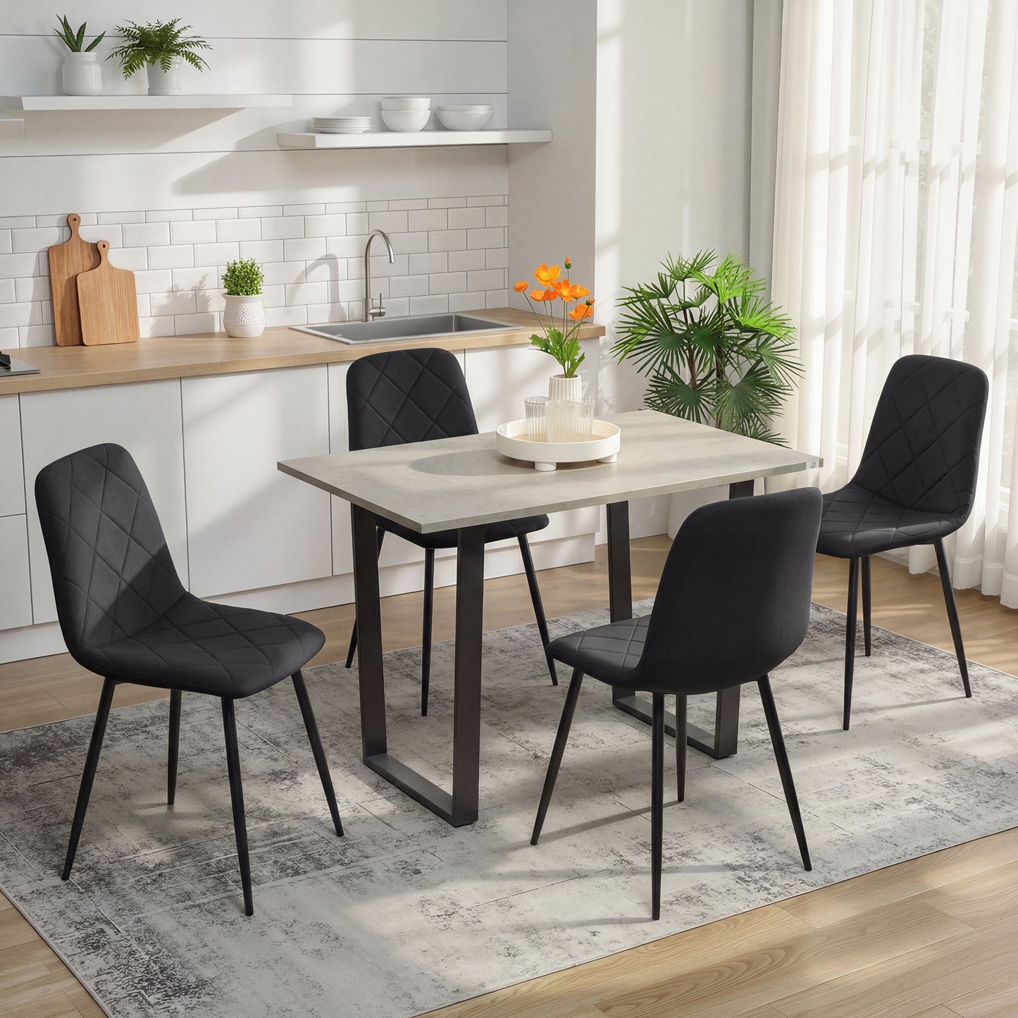 Dining Chairs Set of 4, Upholstered Dining Room Chairs with Steel Legs, Modern Kitchen Chair for Dining Room, Black