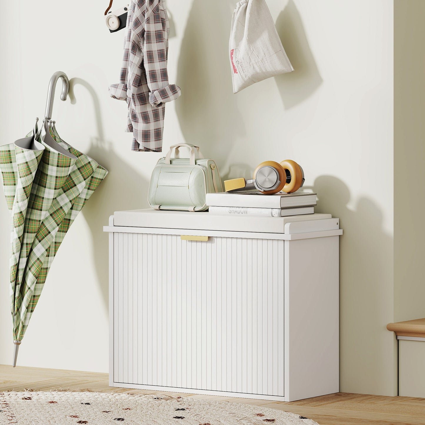 Entryway Bench with Padded Seat and Flip-Drawers, Holds up to 265lbs, Shoe Storage Bench for 6 Pairs of Shoes, White