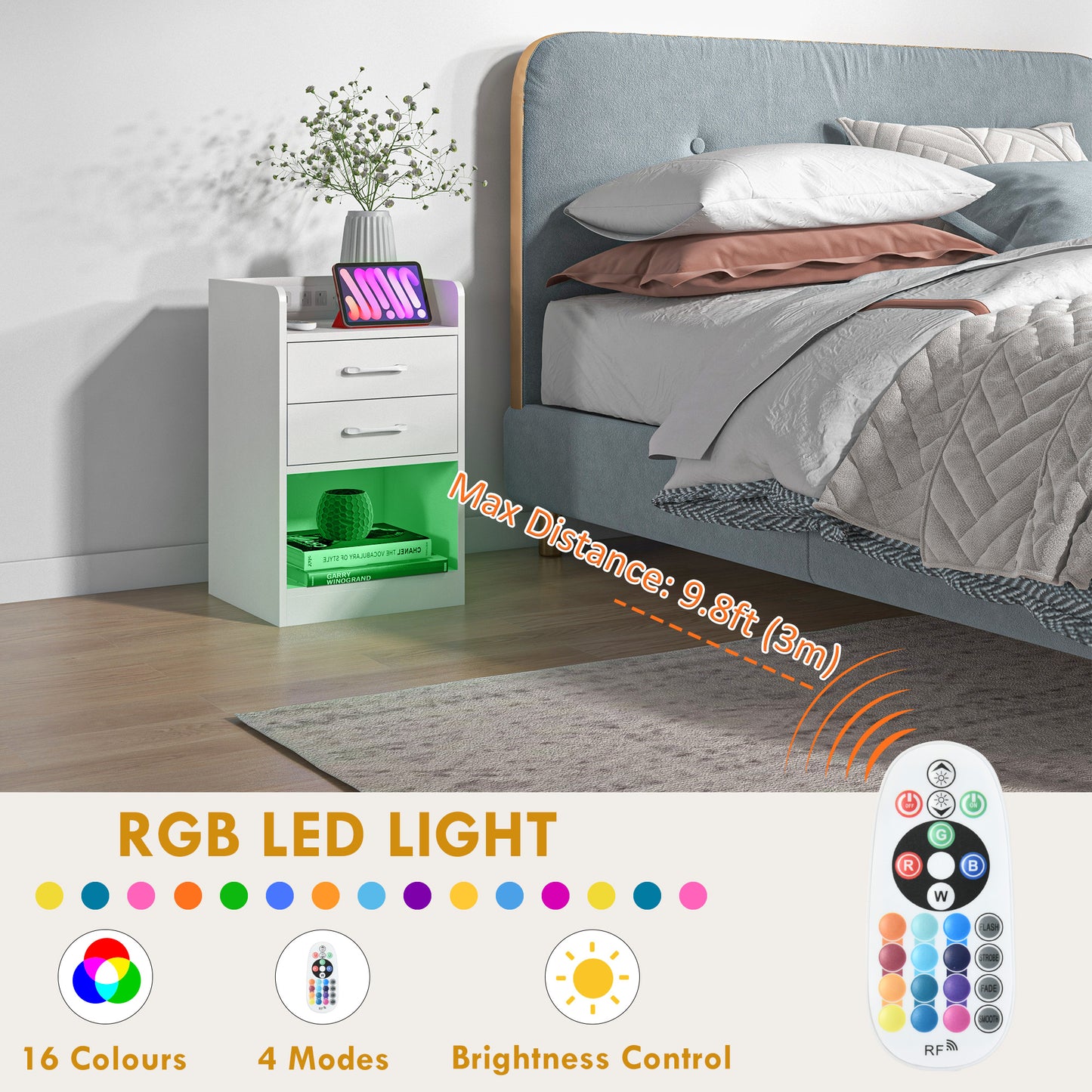 Tall Nightstand with Charging Station and LED Lights, Small Bedside Table with AC Outlets, USB Ports, 2 Drawers, Shelf