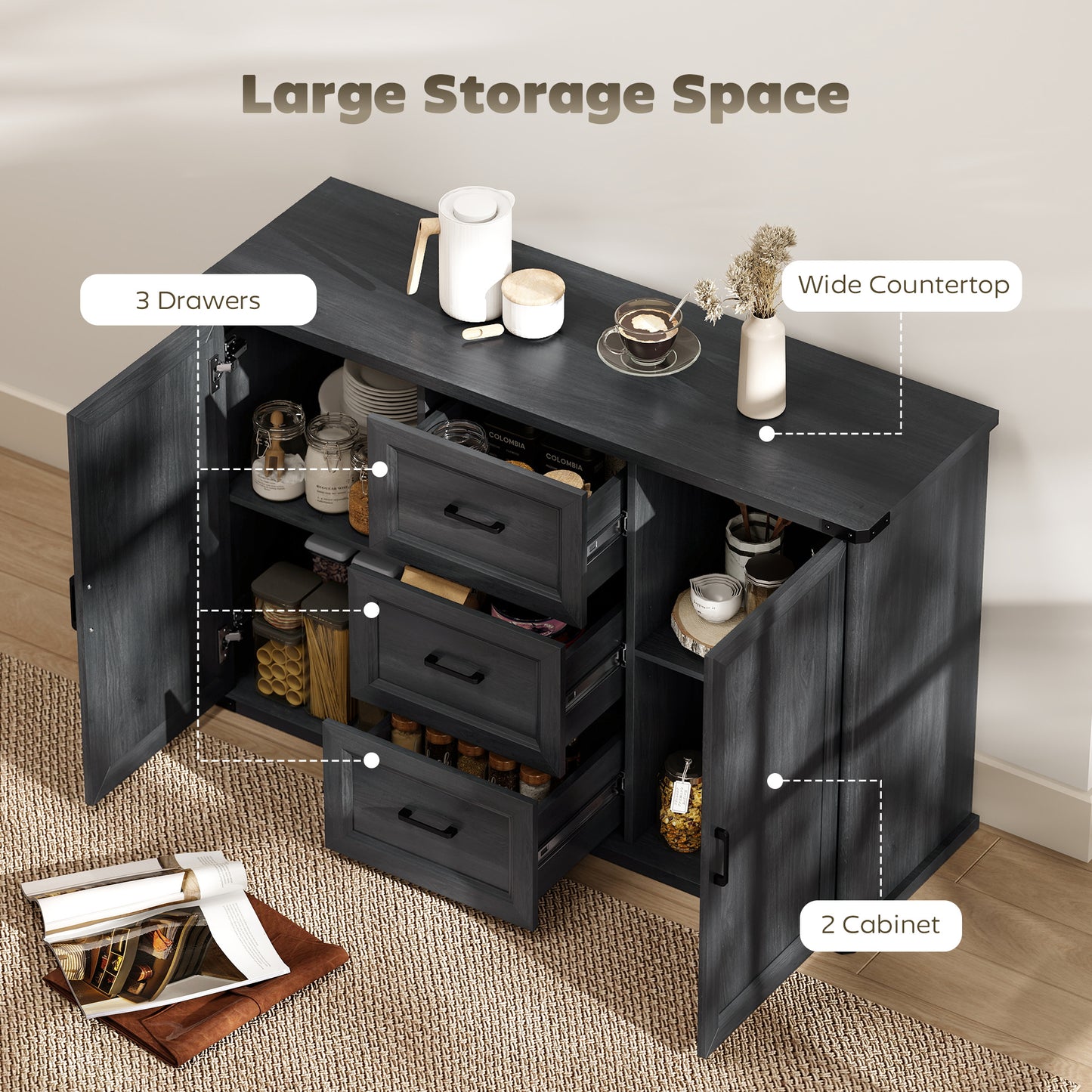 Sideboard with 3 Drawers and 2 Doors, 47" Buffet Cabinet with Adjustable Shelves for Kitchen, Black Wood Grain