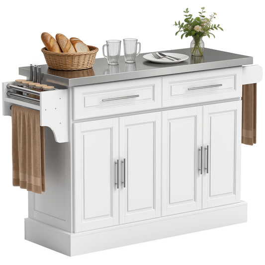 Rolling Kitchen Island with Storage and Stainless Steel Top, Kitchen Trolley with Drawers, Cabinets, Towel Rack
