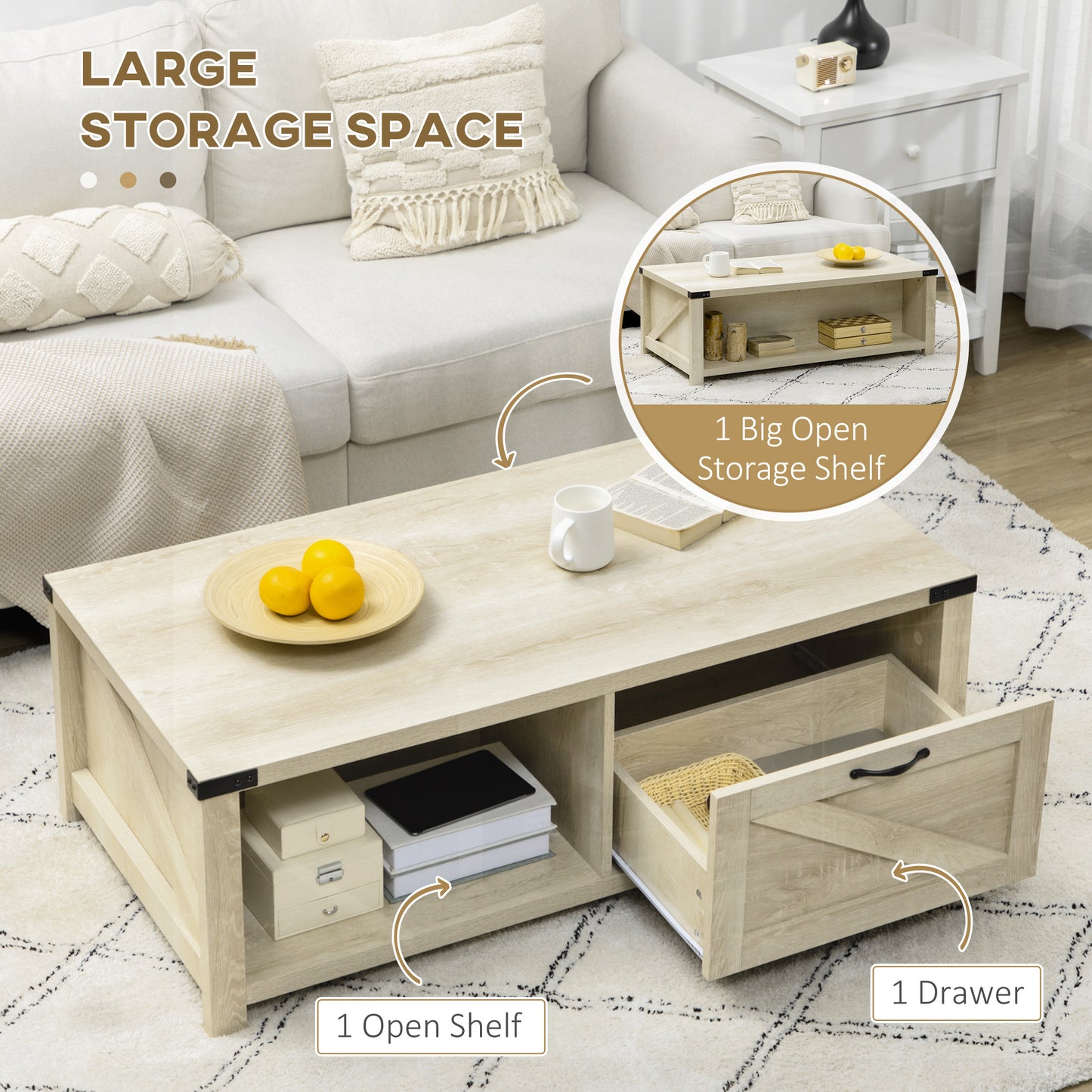 Industrial Coffee Table Side End Table with Drawer, Open Storage Shelf, Modern Farmhouse Furniture, for Living Room, Dining Room, Office, White Oak