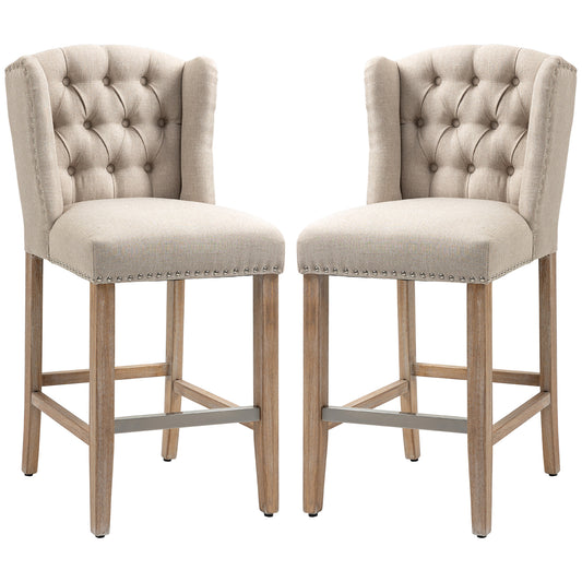 Counter Height Bar Stools Set of 2, Upholstered Bar Chairs with Nailhead Backrest and Footrest, Modern Barstools for Kitchen, Dining Room, Beige