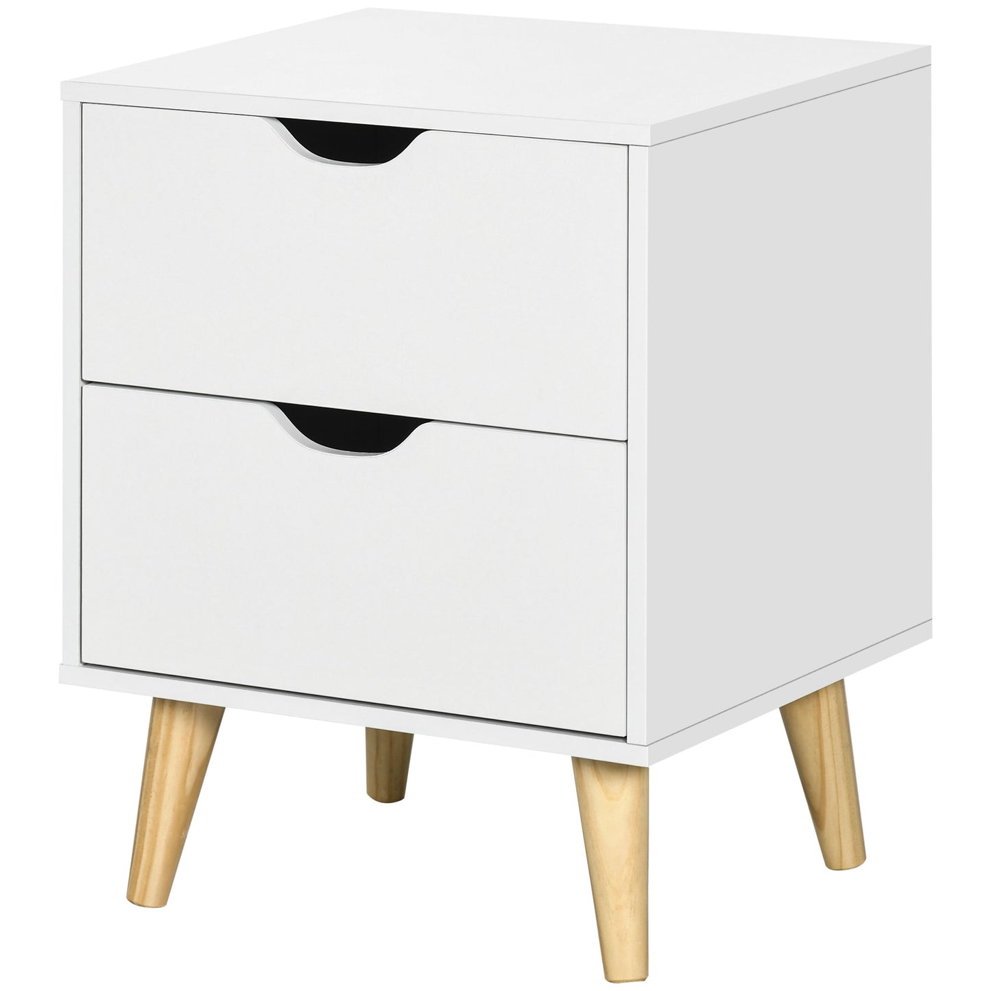 Modern Bedside Table, Nightstand with 2 Drawers and Pine Wood Legs for Bedroom, Living Room, White