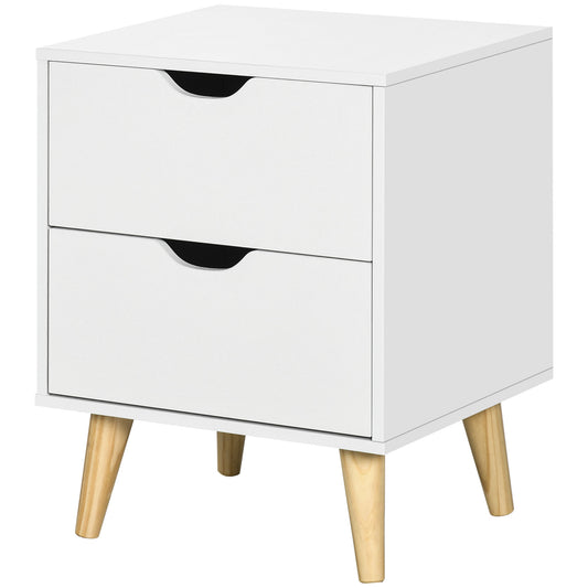 Modern Bedside Table, Nightstand with 2 Drawers and Pine Wood Legs for Bedroom, Living Room, White