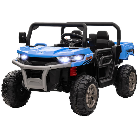 Aosom 12V Ride on Car with Electric Bucket, Two-Seater, Shovel, Remote Control, Spring Suspension, Horn, Music, Blue