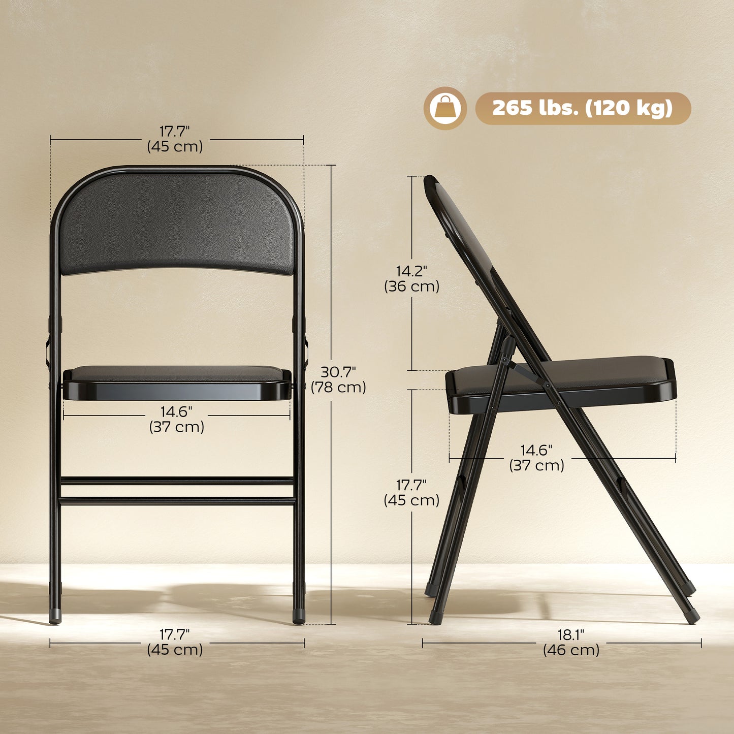 Set of 6 Metal Foldable Chairs, PU Leather Padded Folding Chairs with Cushion Seat and Open Back for Indoor, Black