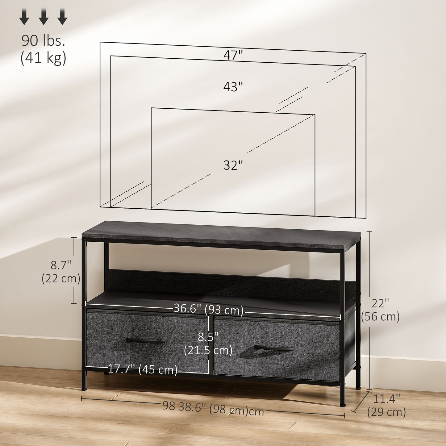 TV Stand with Charging Station, TV Table with 2 Foldable Linen Drawers and Open Shelf for 47 Inch Television, Black