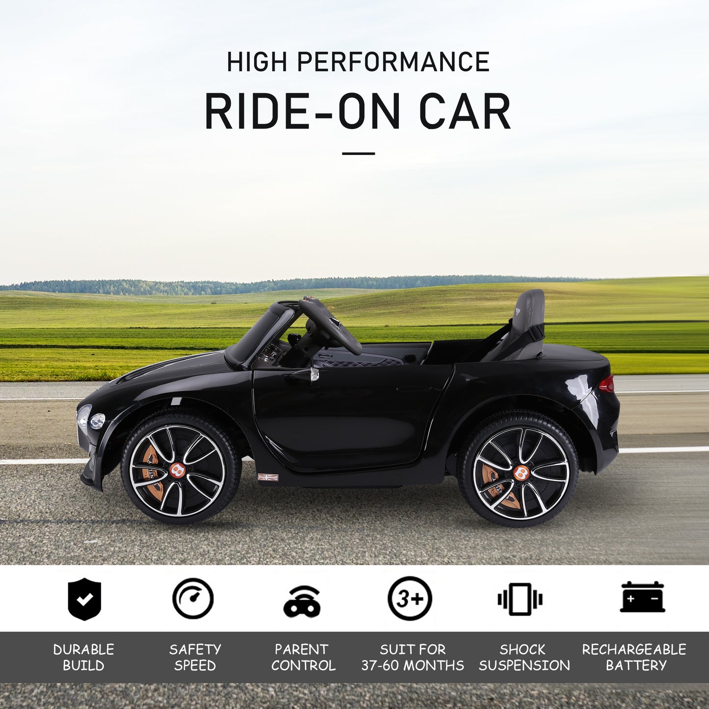 Aosom 12V Ride On Car Licensed Bentley Battery Powered Electric Vehicles w/ Parent Remote Control, 2 Speed - Black