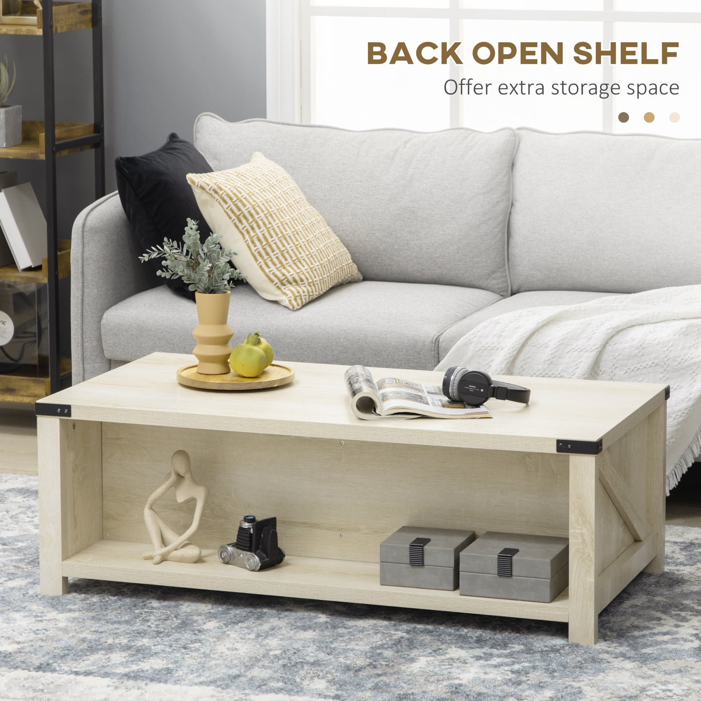 Industrial Coffee Table Side End Table with Drawer, Open Storage Shelf, Modern Farmhouse Furniture, for Living Room, Dining Room, Office, White Oak