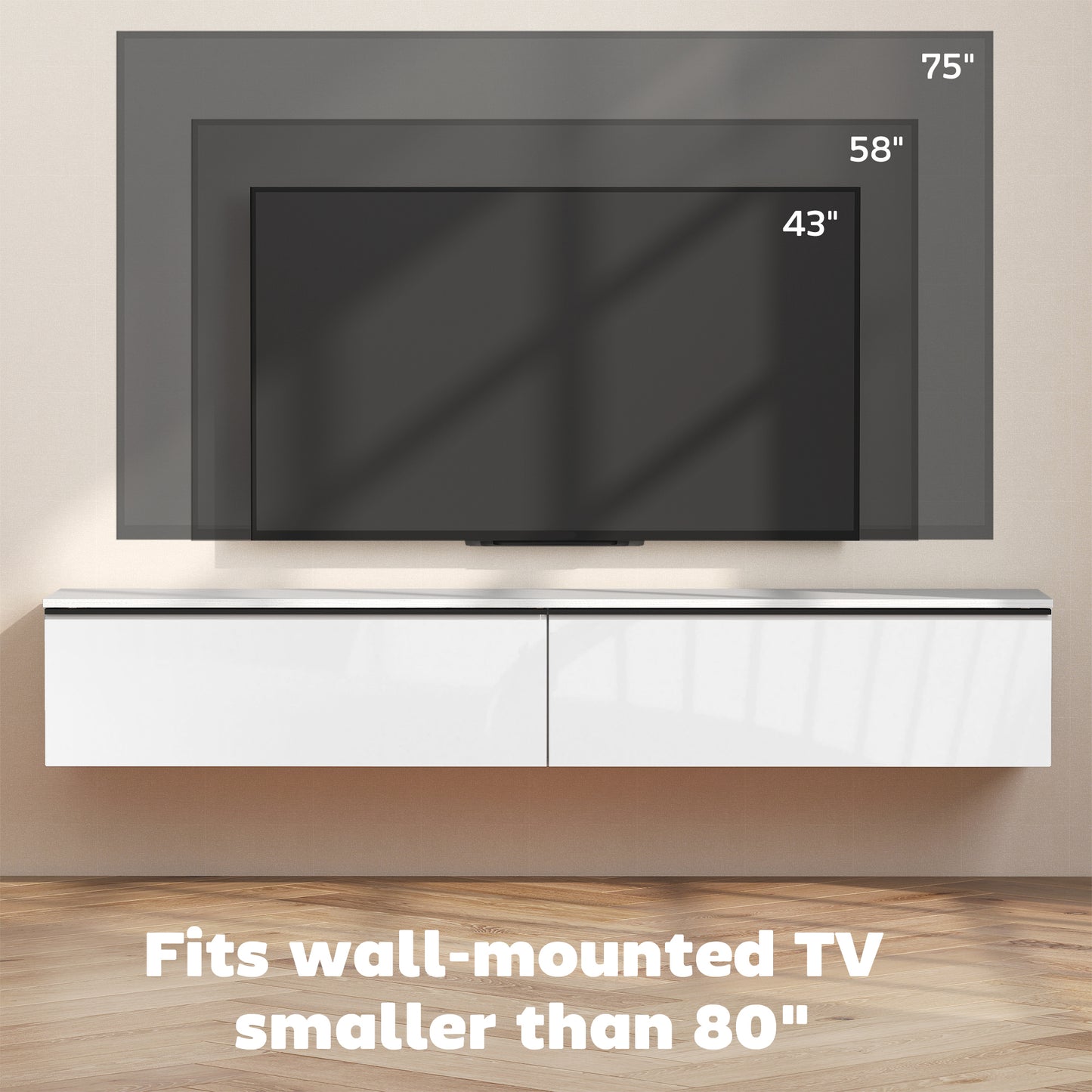 Wall Mounted TV Stand, Floating TV Cabinet with Storage, for TVs up to 80", High Gloss Effect, White