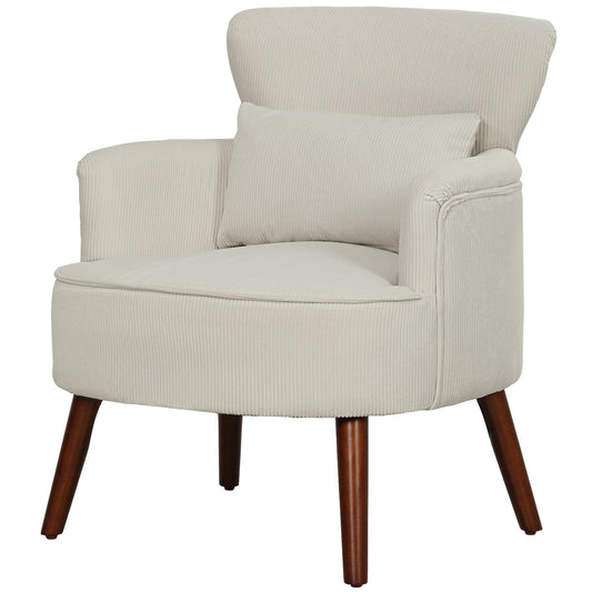 Modern Accent Chair, Upholstered Armchair with Solid Wood Legs and Lumbar Pillow for Living Room, Cream White