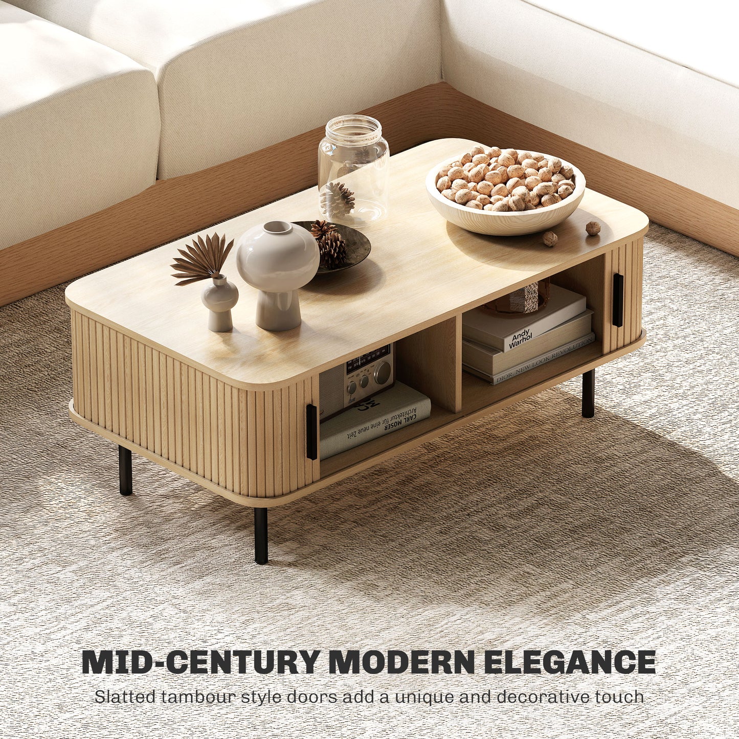 Coffee Table with Storage, Nordic Side Table with Fluted Tambour Sliding Doors and Steel Legs for Living Room, Oak