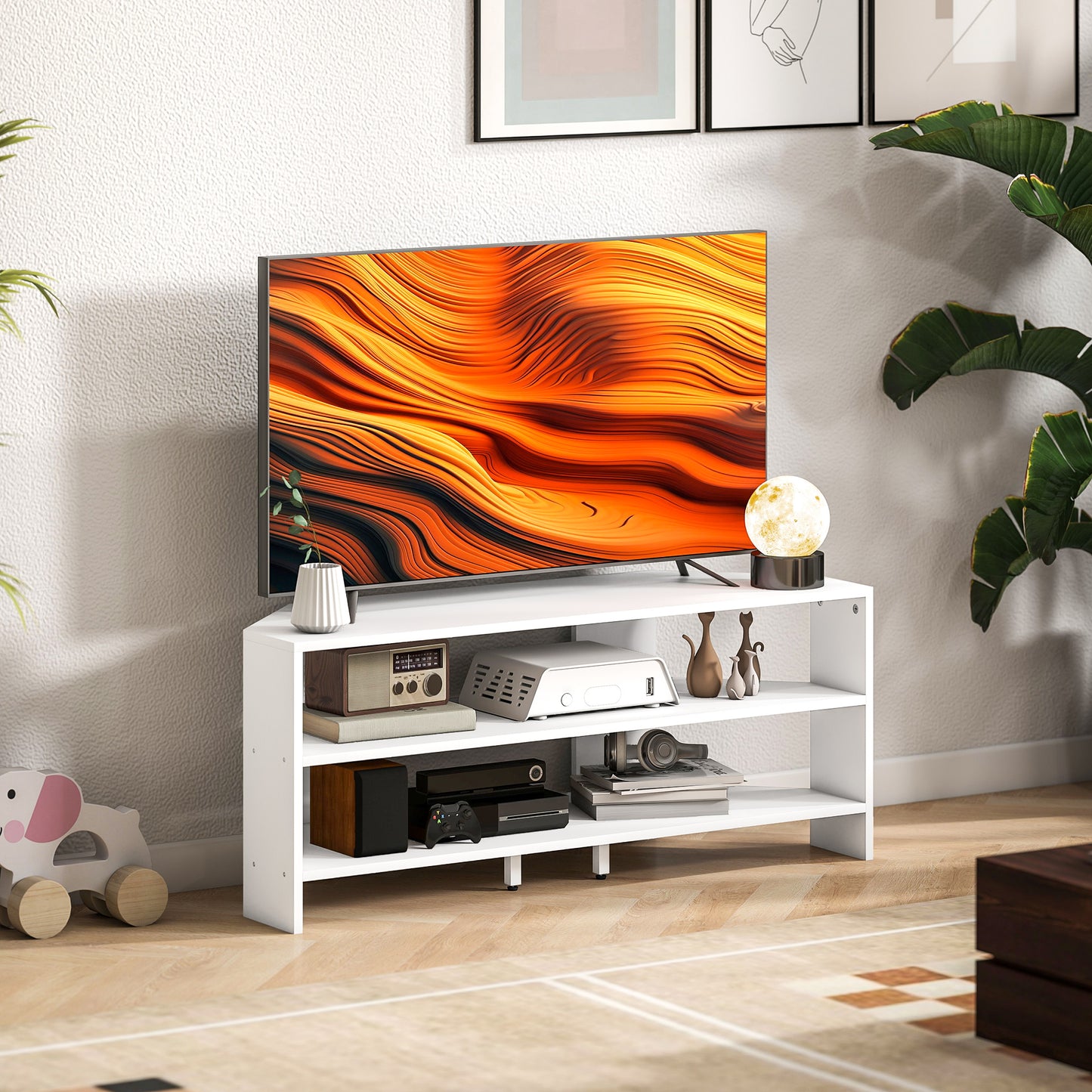 Corner TV Stand, Modern TV Table with 2 Open Shelves for 47 Inch TV, Entertainment Center for Living Room, White
