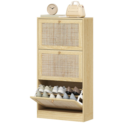 Rattan Shoe Storage Cabinet with 3 Flip Drawers and Adjustable Shelves, Entryway Shoe Cabinet for 18 Pairs, Oak