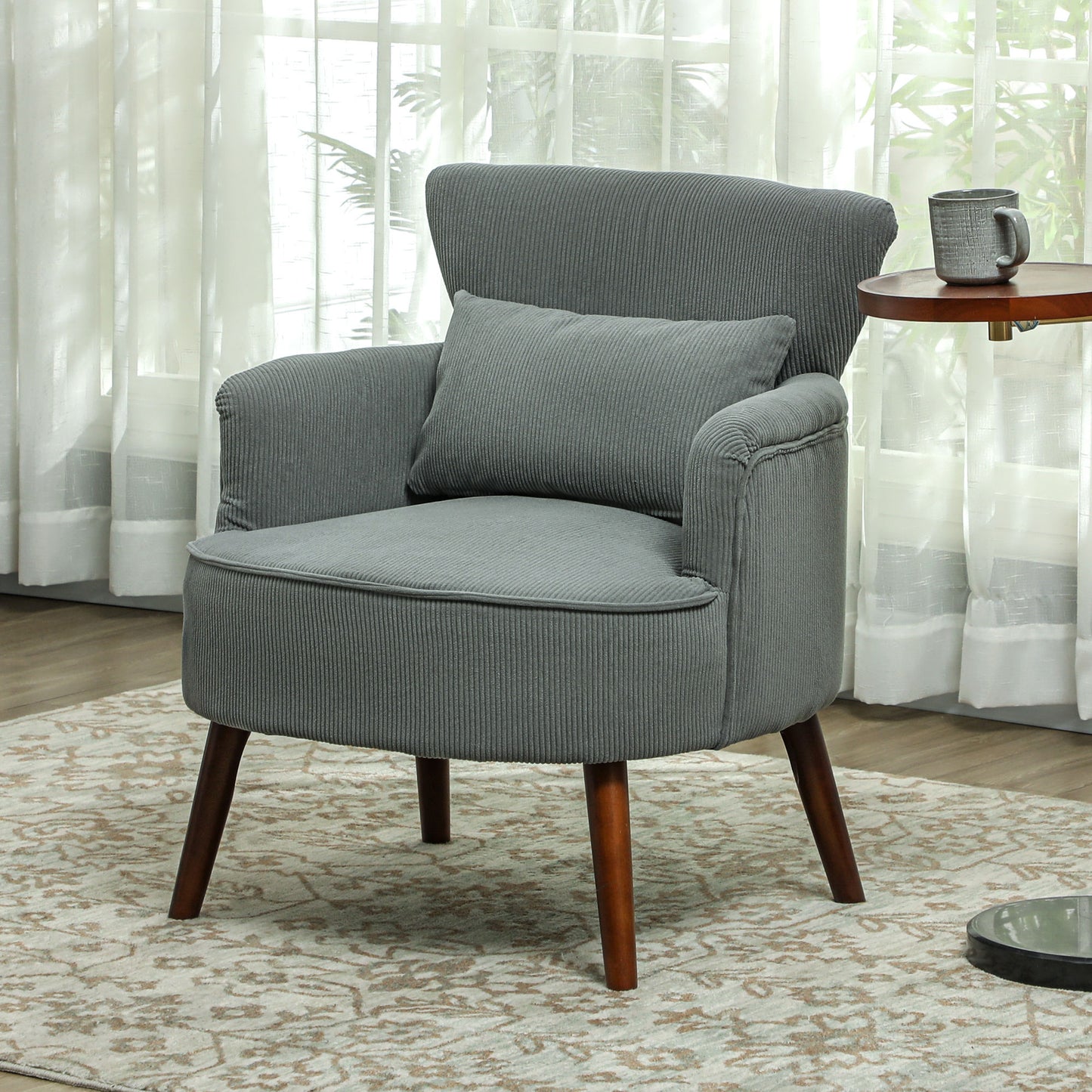 Modern Accent Chair, Upholstered Armchair with Solid Wood Legs and Lumbar Pillow for Living Room, Grey