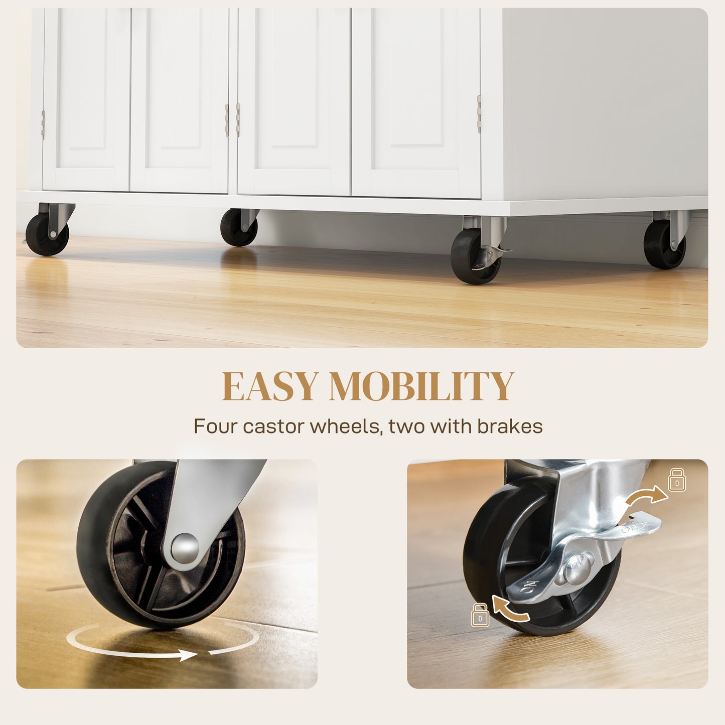 Kitchen Island with Storage, Rolling Trolley Cart with Rubber Wood Top, Spice Rack, Towel Rack, Cream White