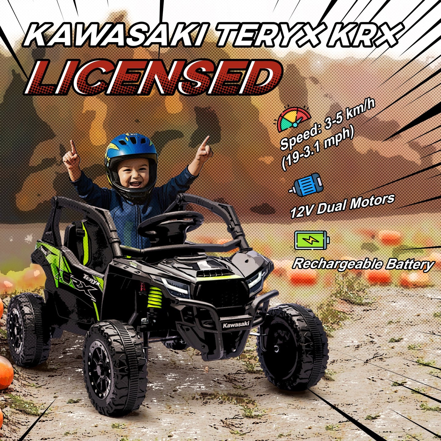 Qaba 12V Ride on Truck, Licensed KAWASAKI TERYX KRX 2WD Kids Electric Car with Rear Suspension for 3-8 Years, Black