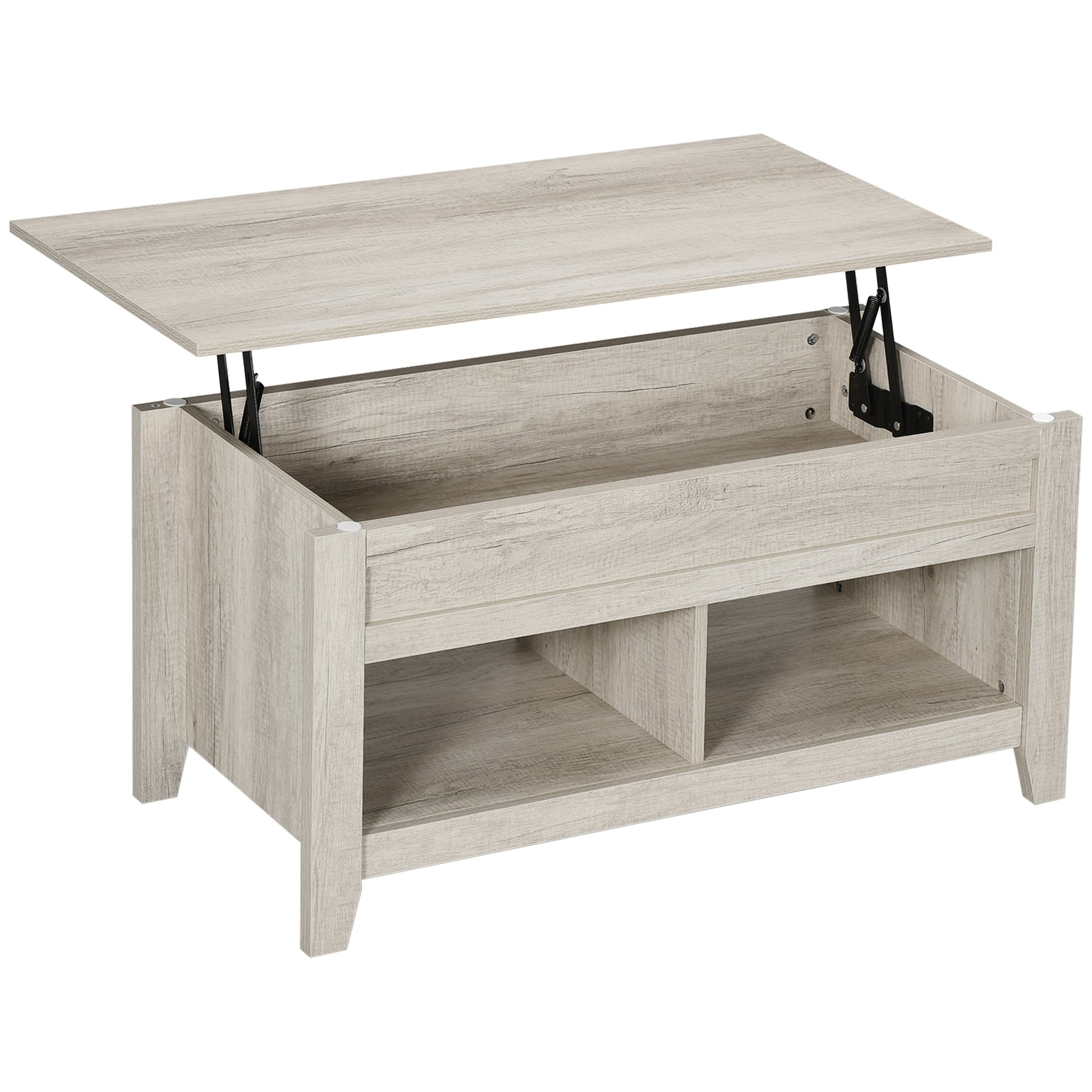 Lift Top Coffee Table with Hidden Storage Compartment and Open Shelves, Lift Tabletop Pop-Up Center Table for Living Room, Oak Effect