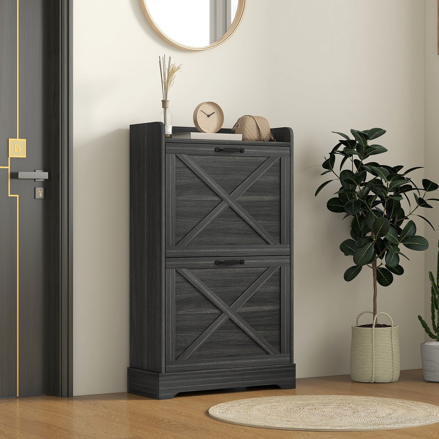 Slim Shoe Storage Cabinet, Farmhouse Shoe Cabinet with 2 Flip Drawers, Adjustable Shelves for 8 Pairs, Distressed Grey