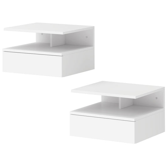 Floating Nightstand Set of 2, Wall Mounted Bedside Table with Drawer and Shelf, Small Night Stand for Bedroom, White