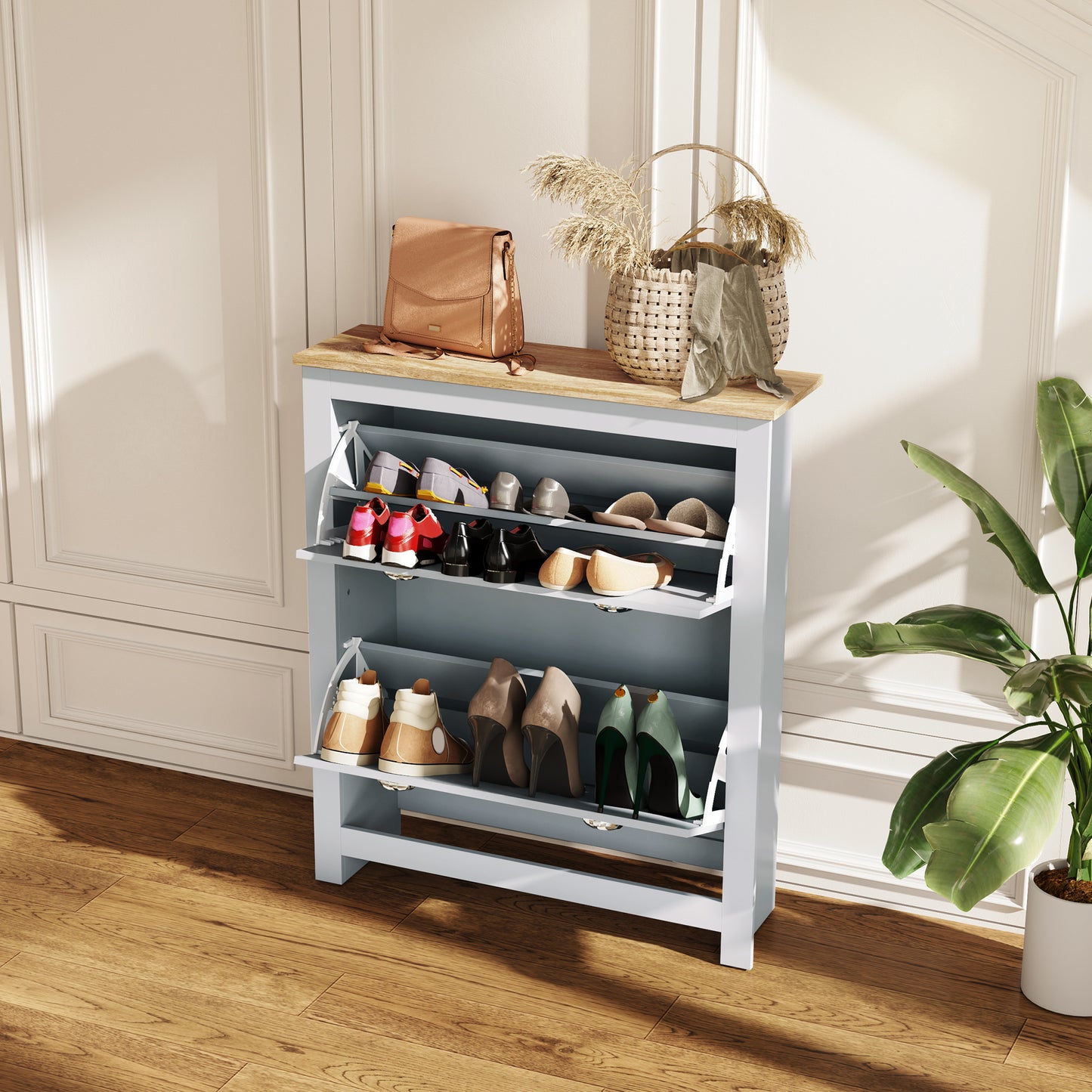 Entryway Shoe Cabinet with 2 Flip Drawers and Adjustable Shelves, 12 Pair Shoe Storage Organizer for Hallway, Grey