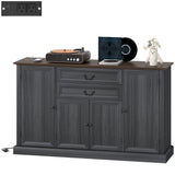 Farmhouse Sideboard with Charging Station and Thickened Top, 58" Buffet Cabinet with 2 Soft-Close Drawers, Black