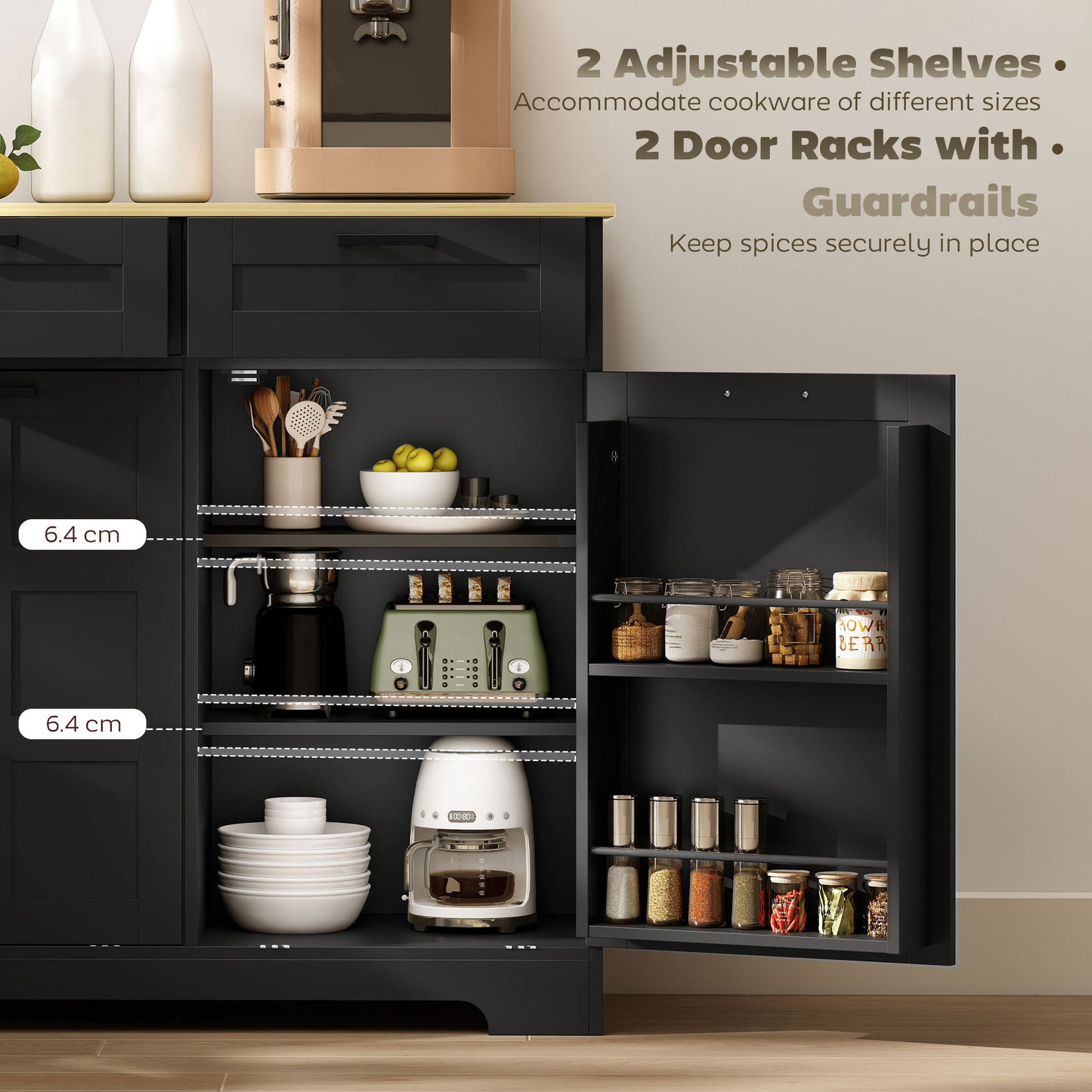 13 Gallon Tilt Out Garbage Cabinet, Kitchen Island with Trash Cabinet, 2 Drawers, Door Racks, Adjustable Shelves, Black