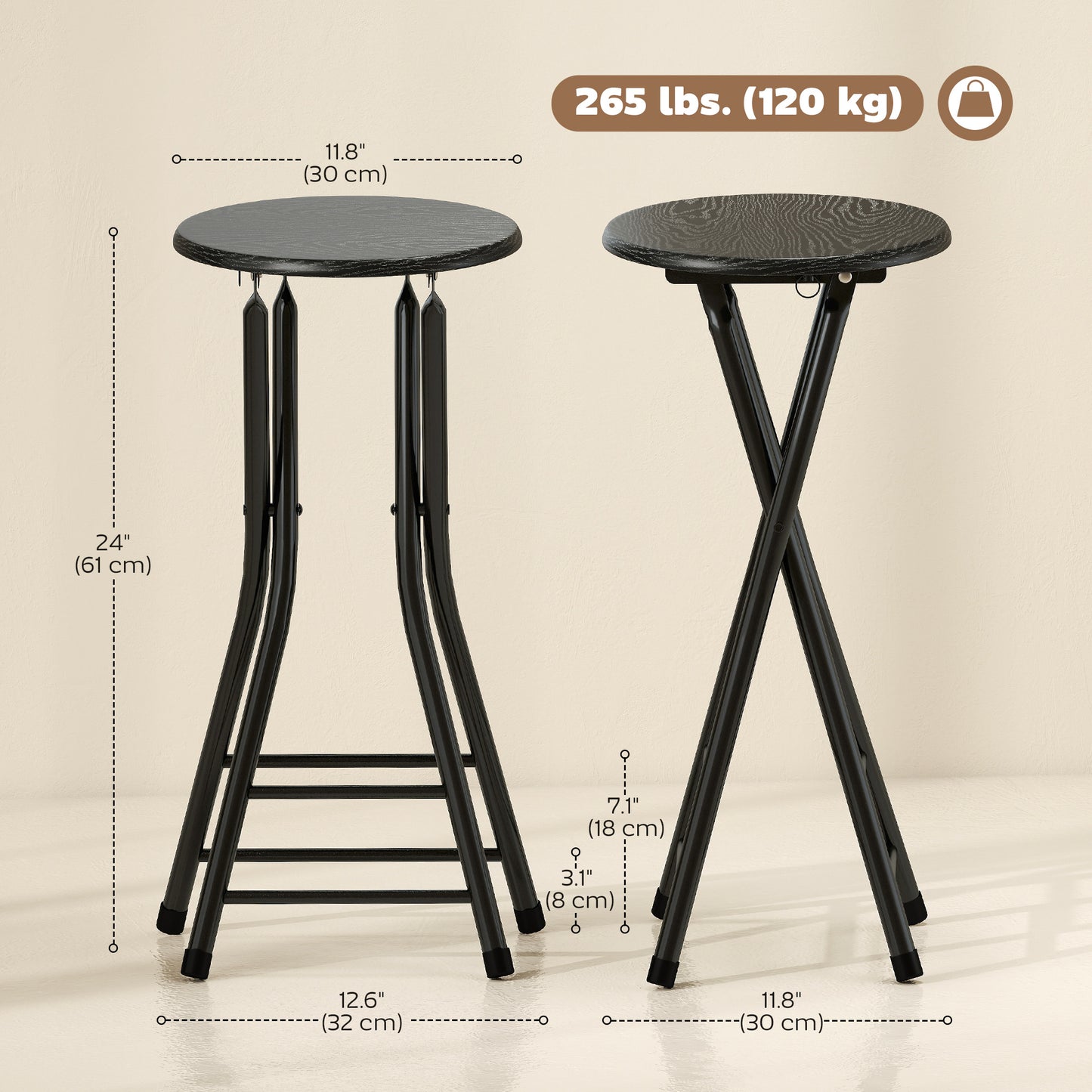 Set of 2 Foldable Barstools, Counter Height Bar Stools with Footrest and Steel Legs for Kitchen Island, Black