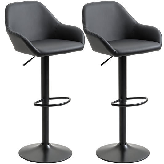 Adjustable Bar Stools Set of 2, Swivel Barstools with Footrest and Back, PU Leather and Steel Round Base, Black