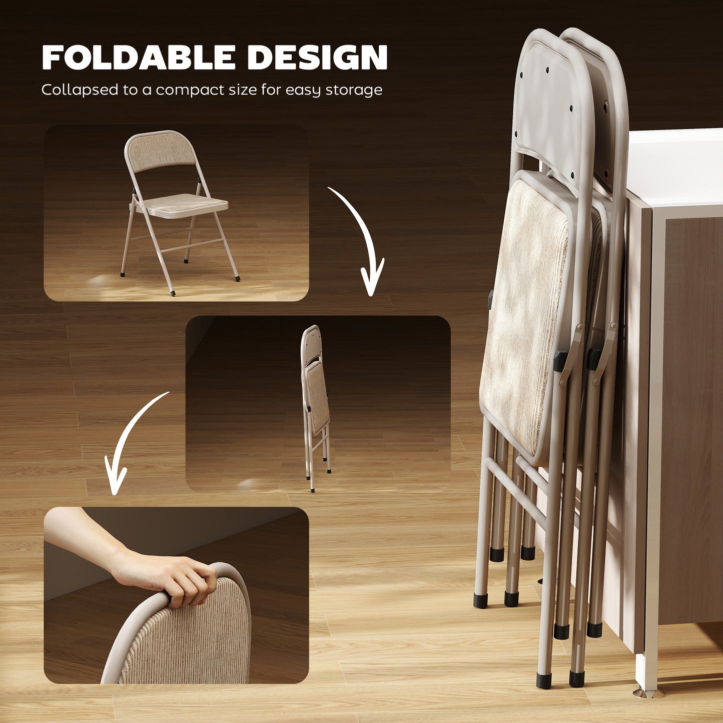 Set of 2 Metal Foldable Chairs, Faux Linen Padded Folding Chairs with Cushion Seat and Open Back for Indoor, Beige