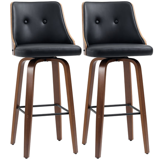 Bar Height Bar Stools Set of 2, PU Leather Upholstered Swivel Barstools with Solid Wood Legs Footrest and Tufted Back, Black