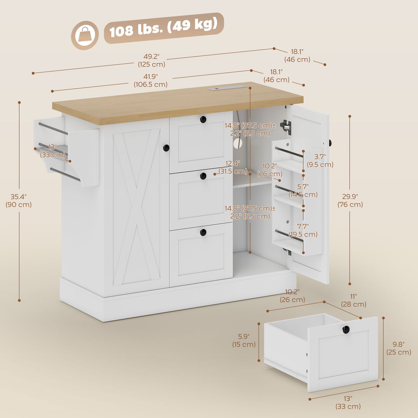 Farmhouse Kitchen Island Cart with Power Outlet and Soft-Close Doors, 49" Kitchen Island with 3 Drawers, White