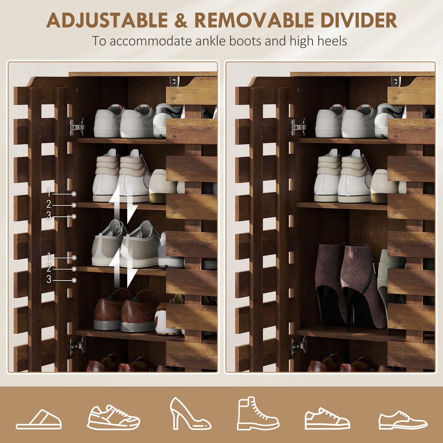 Shoe Cabinet, 20 Pair Shoe Storage Cabinet with Hollowed-Out Doors, Distressed Brown