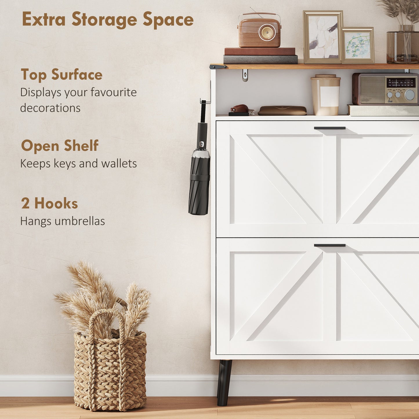Shoe Storage Cabinet with 2 Flip Drawers, Farmhouse Narrow Shoe Cabinet, Holds Up to 16 Pairs, White