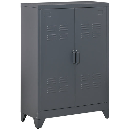 Metal Storage Cabinet, Industrial Sideboard Buffet Cabinet with 2 Louvered Doors, Adjustable Shelves, Grey