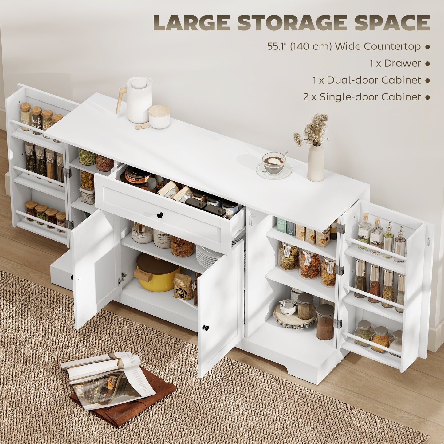 55" Modern Kitchen Storage Cabinet with Drawer, Adjustable Shelves, Small Kitchen Pantry with Door Racks, White