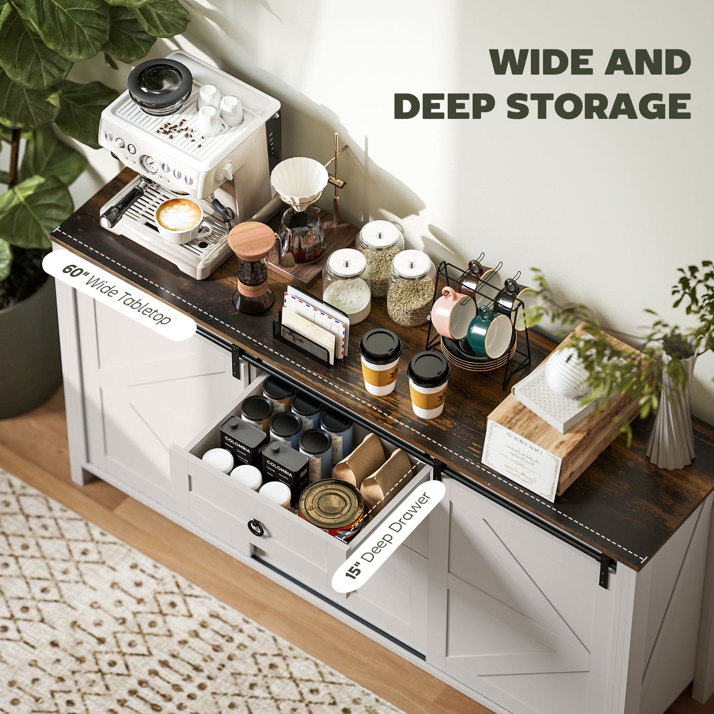 60" Buffet Cabinet, Farmhouse Sideboard with Sliding Barn Doors, Drawers and Adjustable Shelves, Cream White