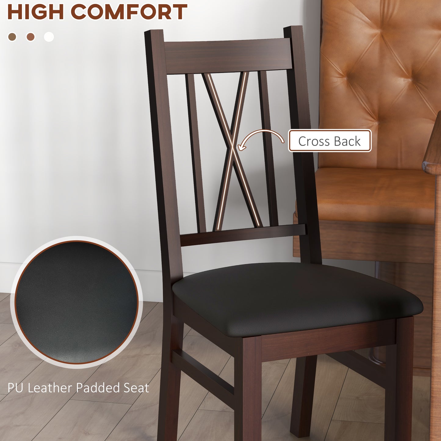 Farmhouse Dining Table Chairs Set of 2, Pine Wood Kitchen Table Chairs with PU Leather Cushion for Living Room, Bedroom