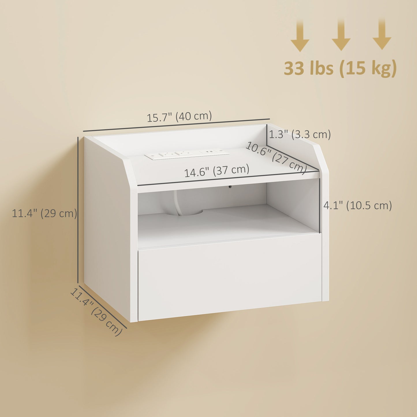 Wall Mounted Bedside Table, Set of 2 Floating Nightstand with Charging Station, Drawer and Open Shelf for Bedroom, White